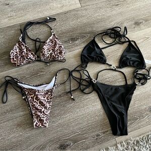 Set of 2 SHEIN Bikini’s Size Medium Cheetah print, Black with Heart rhinestone